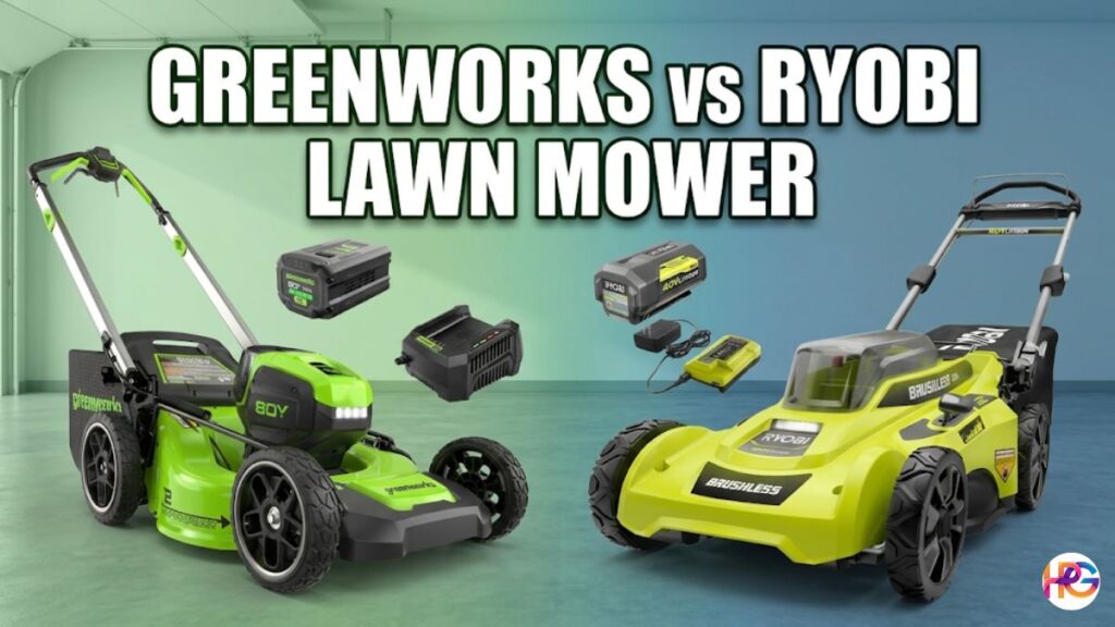 Greenworks vs Ryobi electric lawn mowers side-by-side with batteries and chargers on a split green and blue garage background. Why it works: It directly describes the image elements for accessibility and image search optimization while naturally including the core intent.