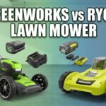 Greenworks vs Ryobi electric lawn mowers side-by-side with batteries and chargers on a split green and blue garage background. Why it works: It directly describes the image elements for accessibility and image search optimization while naturally including the core intent.