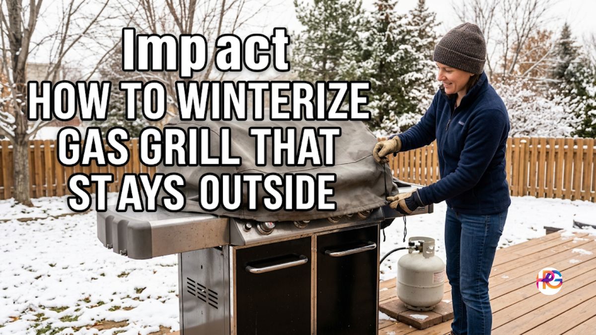 An American woman in a winter hat and gloves securing a canvas cover onto an outdoor gas grill on a snowy wooden deck.