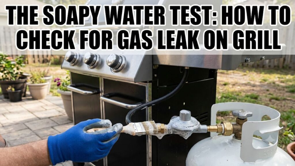 A gloved hand uses a paintbrush to apply soapy water to a gas regulator and hose connected to a propane tank on an outdoor barbecue grill. Big bold text at the top reads: "THE SOAPY WATER TEST: HOW TO CHECK FOR GAS LEAK ON GRILL".