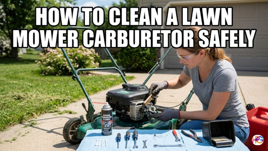 A woman wearing safety glasses and gloves works on a lawn mower carburetor. A table with tools and cleaner is visible. Large white text overlay reads "HOW TO CLEAN A LAWN MOWER CARBURETOR SAFELY".
