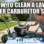 A woman wearing safety glasses and gloves works on a lawn mower carburetor. A table with tools and cleaner is visible. Large white text overlay reads "HOW TO CLEAN A LAWN MOWER CARBURETOR SAFELY".