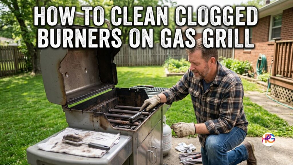 A middle-aged Caucasian man in a plaid shirt and work gloves kneels in a suburban backyard patio, using a stainless steel brush to clean the burner tubes of an open gas grill. Large text overlays the image at the top, reading: "HOW TO CLEAN CLOGGED BURNERS ON GAS GRILL". A clean towel on the side tray holds another brush and a paperclip.