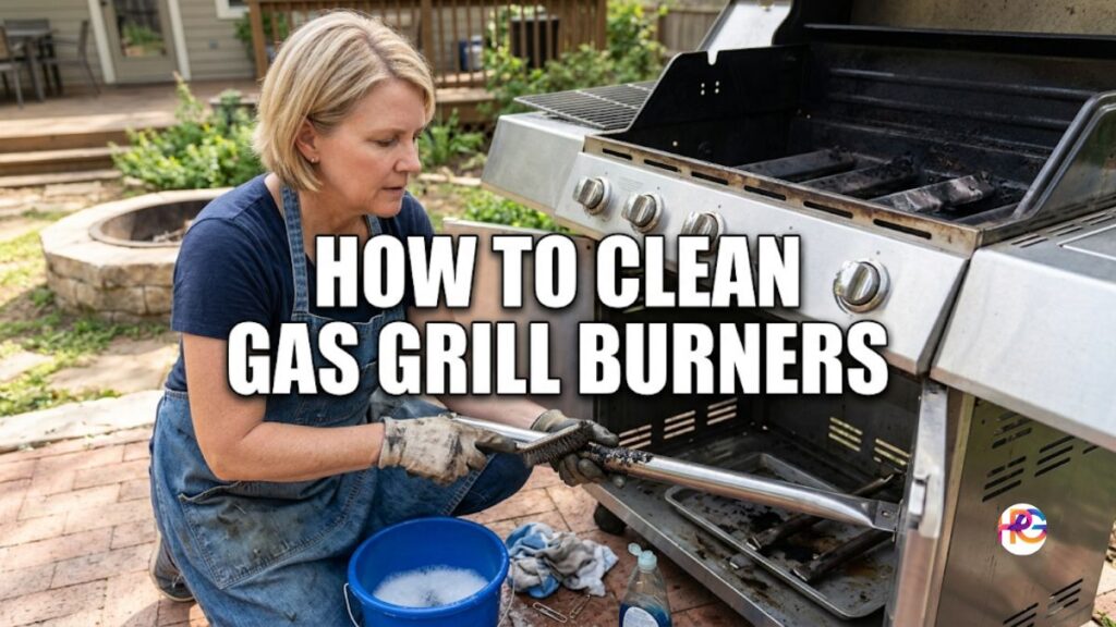 An American woman in a denim apron and work gloves scrubs a stainless steel gas grill burner tube with a wire brush next to a blue soapy bucket on a backyard patio.