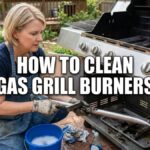 An American woman in a denim apron and work gloves scrubs a stainless steel gas grill burner tube with a wire brush next to a blue soapy bucket on a backyard patio.