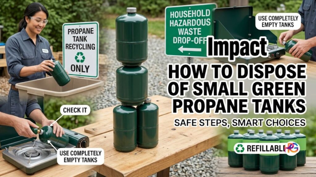 A split-screen graphic detailing how to dispose of small green propane tanks safely, featuring outdoor camping scenes, a household hazardous waste drop-off sign, and refillable cylinder options on a wooden picnic table.