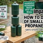 A split-screen graphic detailing how to dispose of small green propane tanks safely, featuring outdoor camping scenes, a household hazardous waste drop-off sign, and refillable cylinder options on a wooden picnic table.