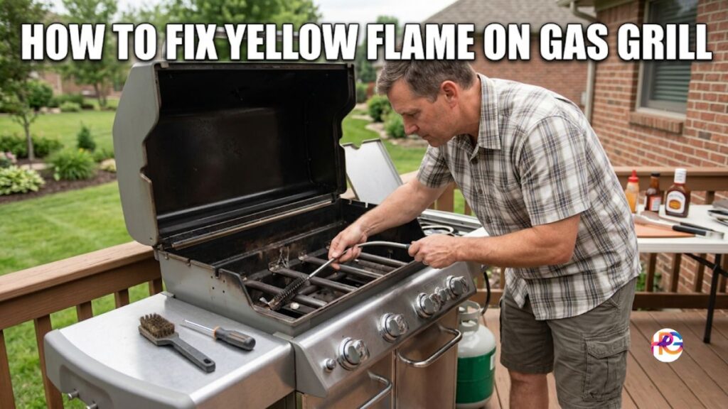 A man cleans a gas grill's burner tubes with a venturi brush, performing maintenance to resolve a yellow flame problem, with the text "HOW TO FIX YELLOW FLAME ON GAS GRILL" at the top.