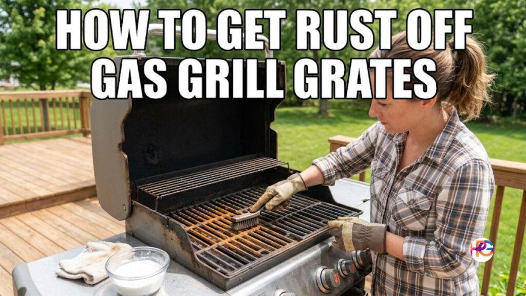 An American woman in work gloves scrubs rusty metal grates on an open gas grill on an outdoor wooden deck.