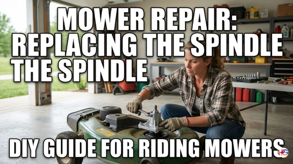 An American woman in a garage workshop using a wrench to install a new spindle assembly on a removed green riding lawn mower deck. Large white Impact font text overlay reads "MOWER REPAIR: REPLACING THE SPINDLE" at the top and "DIY GUIDE FOR RIDING MOWERS" at the bottom.