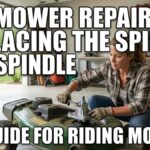 An American woman in a garage workshop using a wrench to install a new spindle assembly on a removed green riding lawn mower deck. Large white Impact font text overlay reads "MOWER REPAIR: REPLACING THE SPINDLE" at the top and "DIY GUIDE FOR RIDING MOWERS" at the bottom.