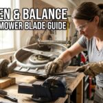 A determined American woman in her late 30s with short, brown hair, wearing safety glasses and leather gloves, actively filing a metal lawn mower blade that is secured in a large vise on a wooden workbench. She is focused on the task in a well-lit garage workshop with tools. The background is softly blurred. Text overlay in bold impact font says: "SHARPEN & BALANCE DIY LAWN MOWER BLADE GUIDE".