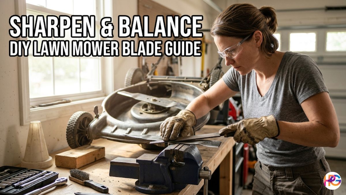 A determined American woman in her late 30s with short, brown hair, wearing safety glasses and leather gloves, actively filing a metal lawn mower blade that is secured in a large vise on a wooden workbench. She is focused on the task in a well-lit garage workshop with tools. The background is softly blurred. Text overlay in bold impact font says: "SHARPEN & BALANCE DIY LAWN MOWER BLADE GUIDE".
