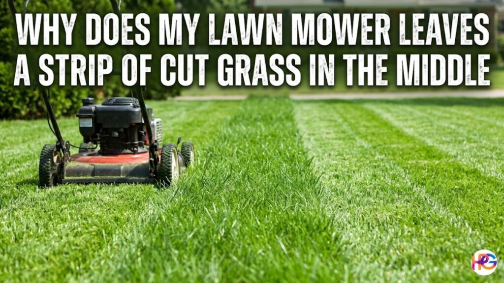 A walk-behind lawn mower sits on a green yard next to a distinct, prominent strip of tall, uncut grass running through the middle of a freshly mowed lawn. White text in Impact font at the top reads: "WHY DOES MY LAWN MOWER LEAVES A STRIP OF CUT GRASS IN THE MIDDLE".