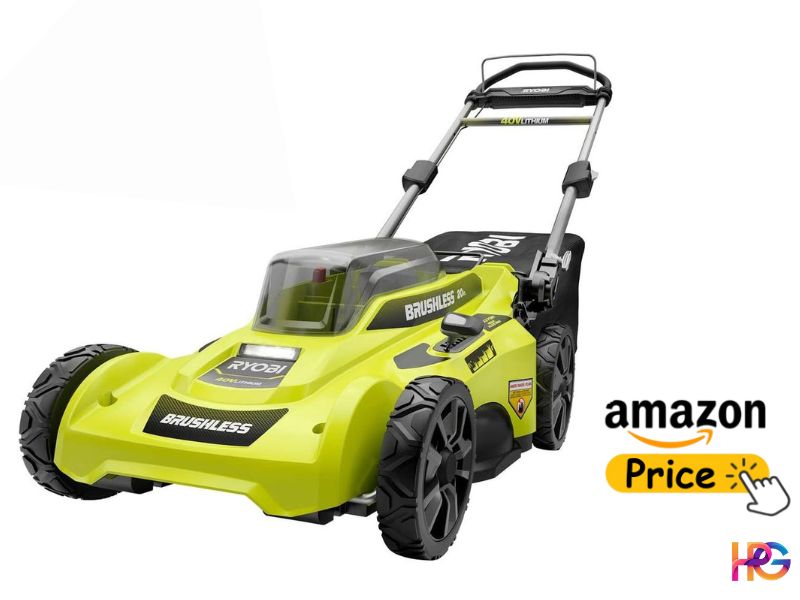 Ryobi 40V Lithium brushless cordless electric lawn mower with grass catcher and Amazon price check button.