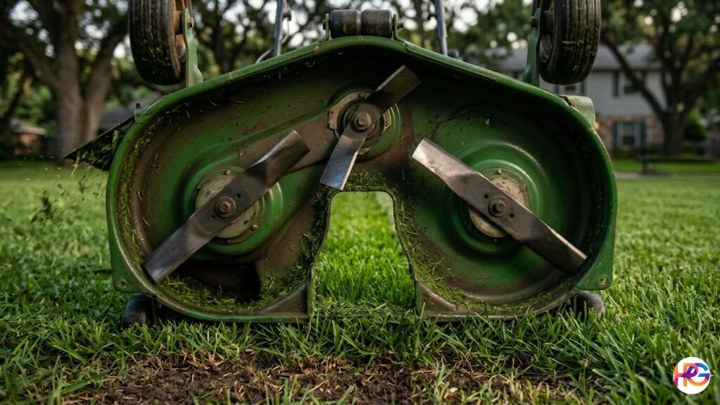 The underside of a green riding lawn mower deck tipped upward to reveal a three-blade cutting system, with old grass clippings stuck to the metal interior and a residential lawn and house blurred in the background.