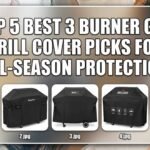 A collage image featuring a headline "TOP 5 BEST 3 BURNER GAS GRILL COVER PICKS FOR ALL-SEASON PROTECTION" and five smaller images below it, each showing a different 3-burner gas grill cover. The covers are made of black or tan material and are designed to fit different types of grills, including built-in and freestanding models. The image titles (1.jpg to 5.jpg) are included in the bottom left corner of each thumbnail.