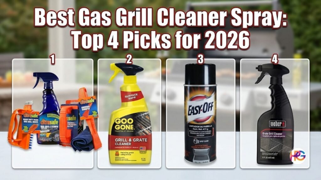 A horizontal banner displaying four different gas grill cleaner spray products labeled 1 through 4, set against a blurry backyard grill background with the title text Best Gas Grill Cleaner Spray Top 4 Picks for 2026.