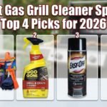 A horizontal banner displaying four different gas grill cleaner spray products labeled 1 through 4, set against a blurry backyard grill background with the title text Best Gas Grill Cleaner Spray Top 4 Picks for 2026.