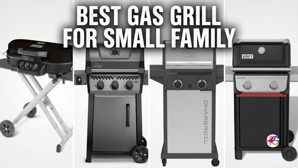 Four compact gas grills are displayed side-by-side in a split-screen collage with the overlaid bold white text, 'BEST GAS GRILL FOR SMALL FAMILY'. The grills from left to right are a red and black portable model on an X-stand (image_0.png), a black three-burner cabinet grill (image_1.png), a grey and stainless steel two-burner grill labeled 'CHAR-BROIL' (image_2.png), and a black two-burner cabinet grill labeled 'WEBER SPIRIT' (image_3.png).