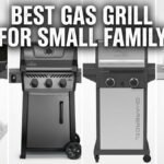 Four compact gas grills are displayed side-by-side in a split-screen collage with the overlaid bold white text, 'BEST GAS GRILL FOR SMALL FAMILY'. The grills from left to right are a red and black portable model on an X-stand (image_0.png), a black three-burner cabinet grill (image_1.png), a grey and stainless steel two-burner grill labeled 'CHAR-BROIL' (image_2.png), and a black two-burner cabinet grill labeled 'WEBER SPIRIT' (image_3.png).