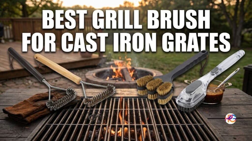 Four different styles of premium grill brushes arranged horizontally on a rustic wooden table next to an active, fiery backyard grill with cast iron grates. The text 'BEST GRILL BRUSH FOR CAST IRON GRATES' is displayed prominently across the top in a bold, white Impact font.