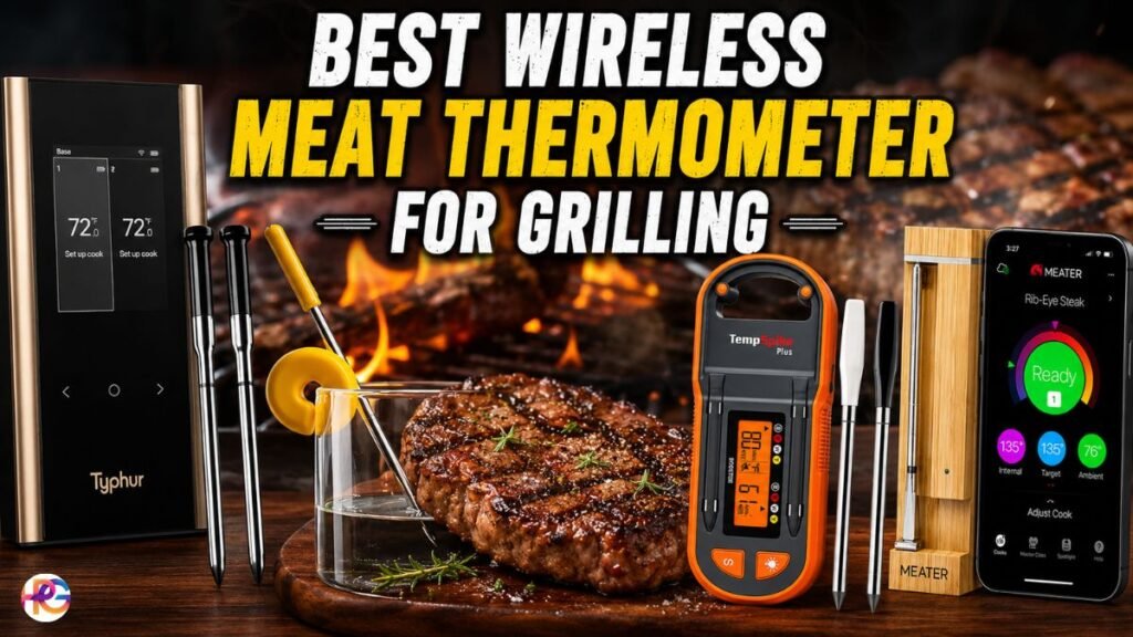 A comparison chart featuring four different brands of wireless meat thermometers. In the top-left, the gold and black base station and probes of the Typhur Sync Gold. In the top-right, the bamboo-cased Meater and its app. In the bottom-left, the orange ThermoPro TempSpike and its app. In the bottom-right, the yellow-capped probe of the Combustion Predictive Thermometer. The bottom of the image has text in a bold, white Impact font: BEST WIRELESS MEAT THERMOMETER FOR GRILLING.