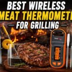 A comparison chart featuring four different brands of wireless meat thermometers. In the top-left, the gold and black base station and probes of the Typhur Sync Gold. In the top-right, the bamboo-cased Meater and its app. In the bottom-left, the orange ThermoPro TempSpike and its app. In the bottom-right, the yellow-capped probe of the Combustion Predictive Thermometer. The bottom of the image has text in a bold, white Impact font: BEST WIRELESS MEAT THERMOMETER FOR GRILLING.