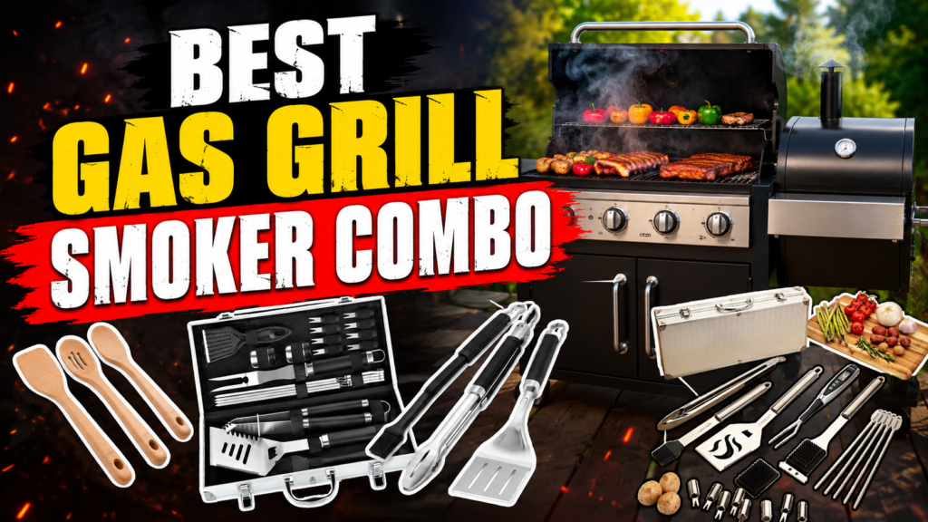 A four-panel grid featuring various outdoor cooking tool sets, showcasing stainless steel grilling utensils, metal skewers, and organized storage cases alongside fresh grilling vegetables, with the header text "BEST GRILLING TOOLS SET FOR OUTDOOR COOKING".