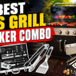 A four-panel grid featuring various outdoor cooking tool sets, showcasing stainless steel grilling utensils, metal skewers, and organized storage cases alongside fresh grilling vegetables, with the header text "BEST GRILLING TOOLS SET FOR OUTDOOR COOKING".