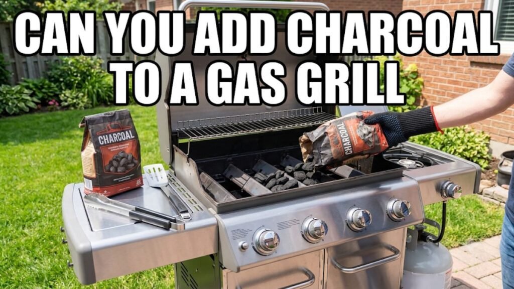 A person pouring charcoal briquettes into a stainless steel gas grill with text reading can you add charcoal to a gas grill.