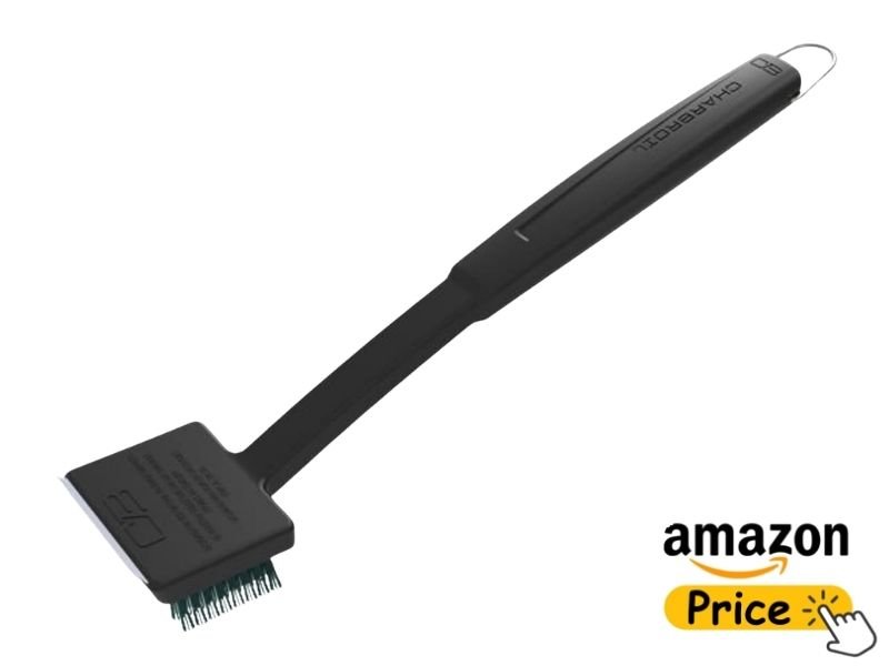 Char-Broil Cool-Clean premium nylon grill brush featuring a long black handle, an integrated metal scraper blade, and stiff green nylon bristles, isolated on a white background with an Amazon price badge.