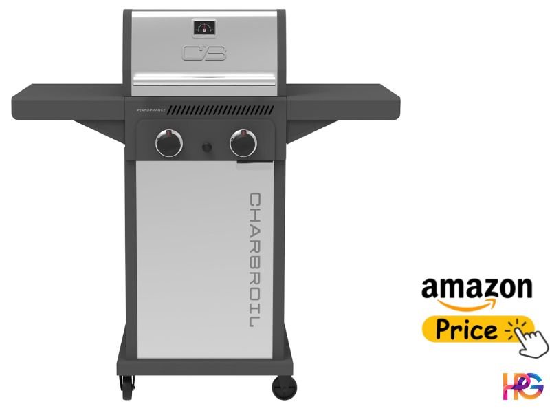 A two-burner, stainless steel Char-Broil Performance Series gas grill is displayed upright. The grill features two control knobs, grey folding side tables, and a full cabinet door base on casters. 'CHAR-BROIL' is written vertically on the door. An 'Amazon Price' graphic with a hand icon is in the lower right.