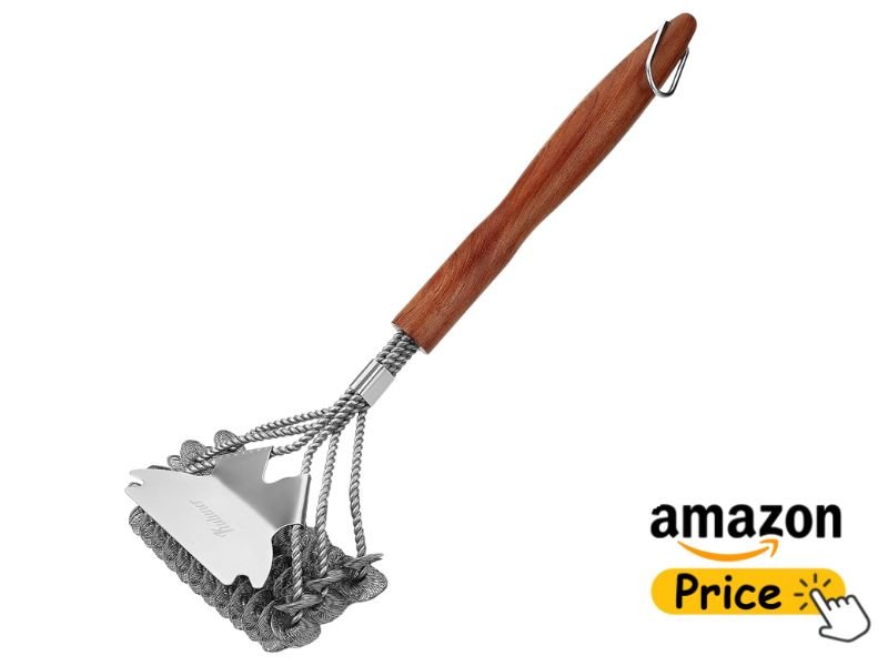 A bristle-free grill cleaning brush featuring a natural wood handle and woven stainless steel mesh loop heads next to an Amazon price button icon.