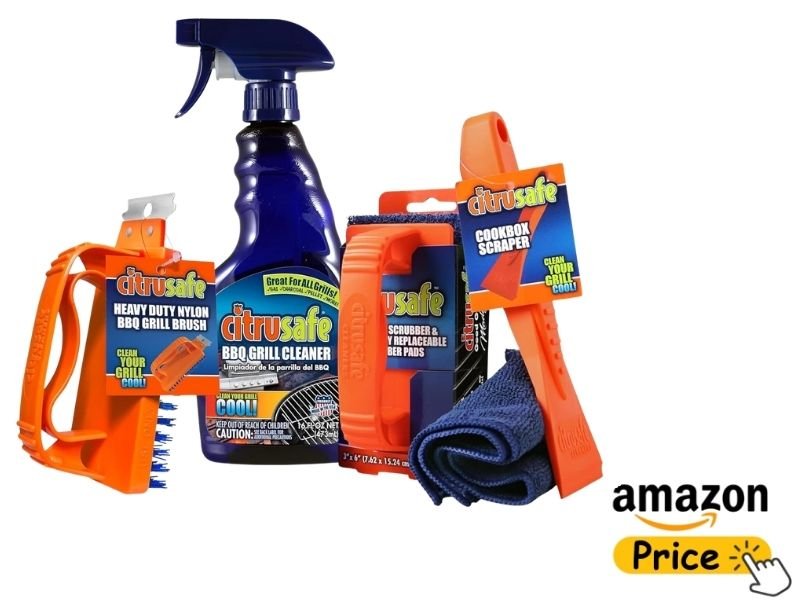 A dark blue CitruSafe BBQ Grill Cleaner spray bottle surrounded by orange cleaning accessories, a blue towel, and a yellow Amazon Price graphic on a white background.