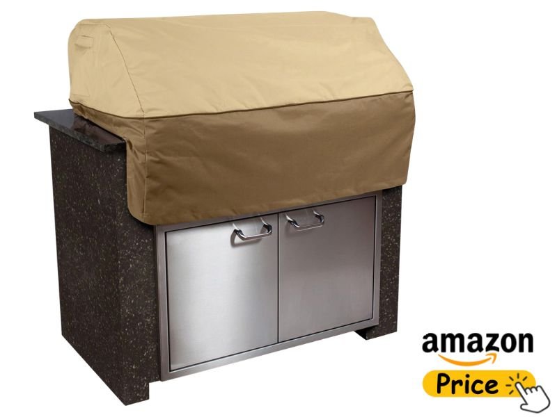 A two-tone tan and brown Classic Accessories Veranda grill cover designed specifically to shield a built-in outdoor kitchen grill head.