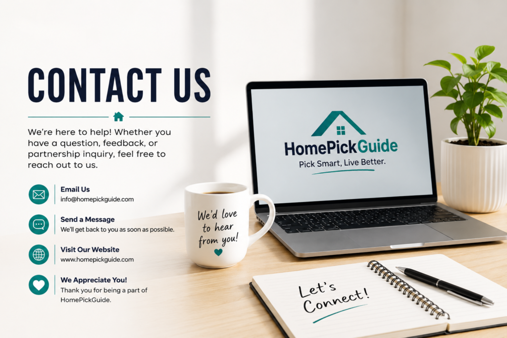 Contact Us banner for HomePickGuide featuring a laptop on a desk, coffee mug, notebook, and contact information in a clean modern workspace.