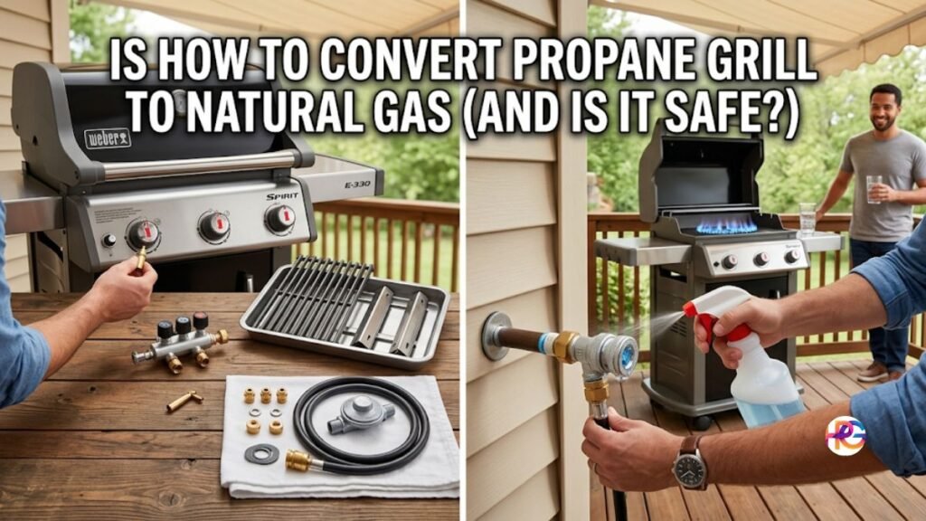 A split-screen view showing a person modifying a Weber grill manifold with brass orifices next to a natural gas conversion kit, and a person using a soapy water spray bottle to test a newly connected natural gas line connection on an outdoor deck.