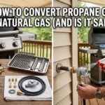 A split-screen view showing a person modifying a Weber grill manifold with brass orifices next to a natural gas conversion kit, and a person using a soapy water spray bottle to test a newly connected natural gas line connection on an outdoor deck.