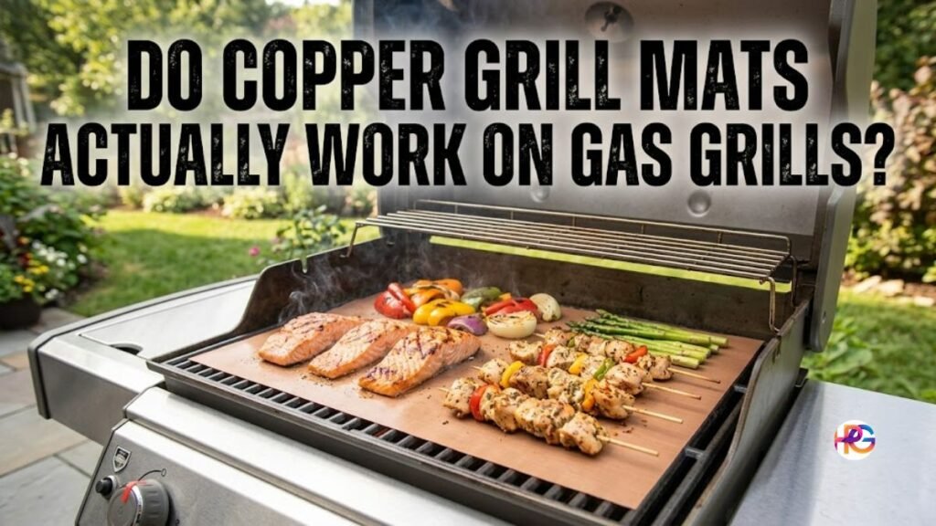 A photograph of an open, outdoor gas grill with a large, flat copper-colored grilling mat sitting directly on top of the metal grates. The mat creates a continuous, non-stick cooking surface over the heat, while the grill itself is clean. White, distressed text over the open lid reads, "DO COPPER GRILL MATS ACTUALLY WORK ON GAS GRILLS?"
