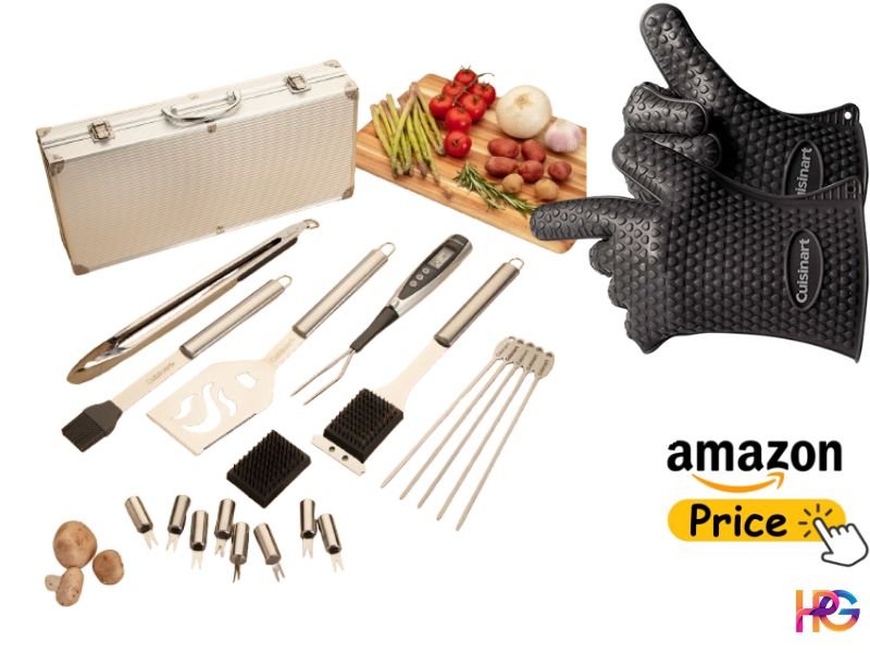 A wide-open layout of a deluxe barbecue tool set showing an aluminum case, black silicone grill gloves, stainless steel utensils, skewers, corn forks, a digital thermometer, and fresh ingredients on a wooden cutting board.