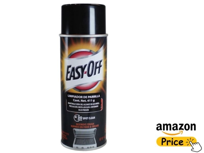 An aerosol can of Easy-Off BBQ Grill Cleaner highlighting its deep cleaning action against a plain white background with an Amazon Price shopping sticker.