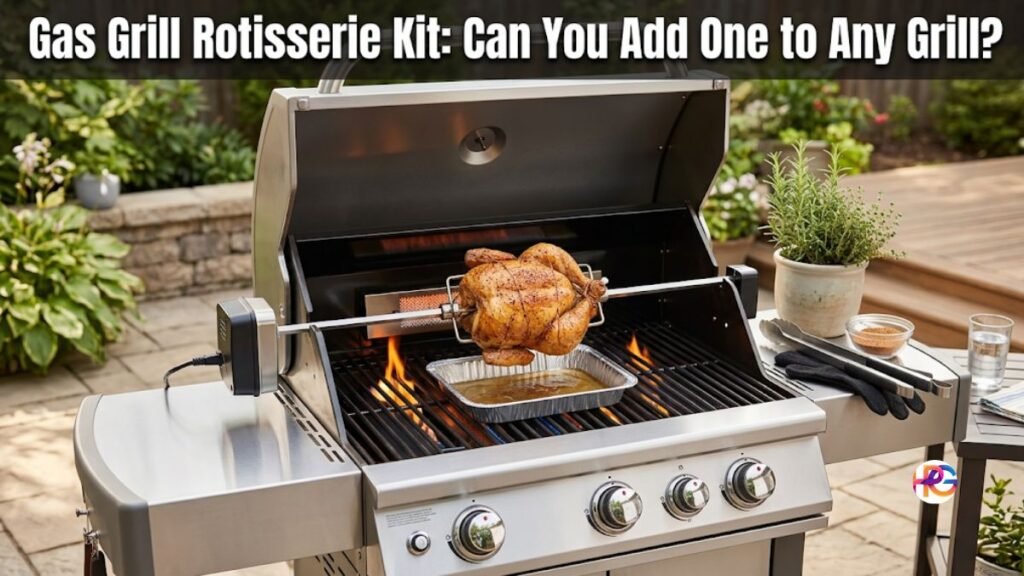 A modern stainless steel gas grill on an outdoor patio with a whole chicken cooking on a rotisserie spit over an open flame, featuring a drip pan underneath and the text "Gas Grill Rotisserie Kit: Can You Add One to Any Grill?" at the top.