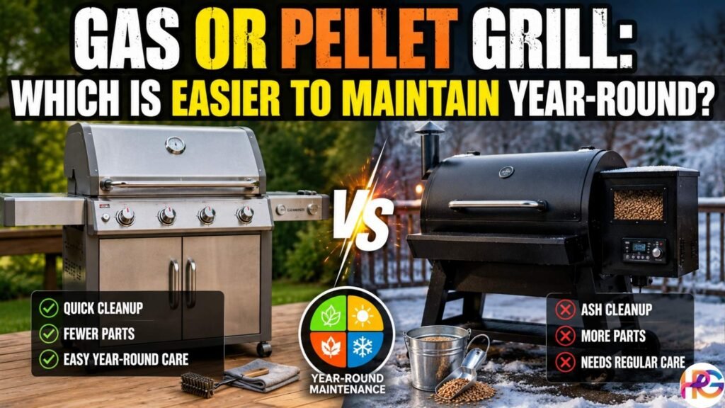 Side-by-side comparison of a gas grill and a pellet grill showing their year-round maintenance differences, including cleanup, ash removal, and seasonal care.