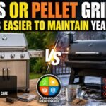 Side-by-side comparison of a gas grill and a pellet grill showing their year-round maintenance differences, including cleanup, ash removal, and seasonal care.