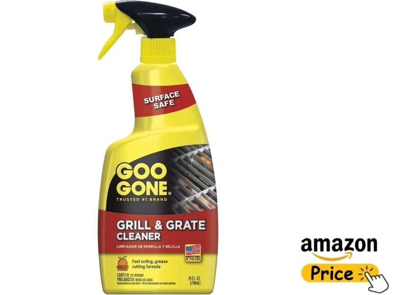 A 24-ounce bright yellow spray bottle of Goo Gone Grill and Grate Cleaner featuring a surface safe red emblem against a white background with an Amazon Price link icon.