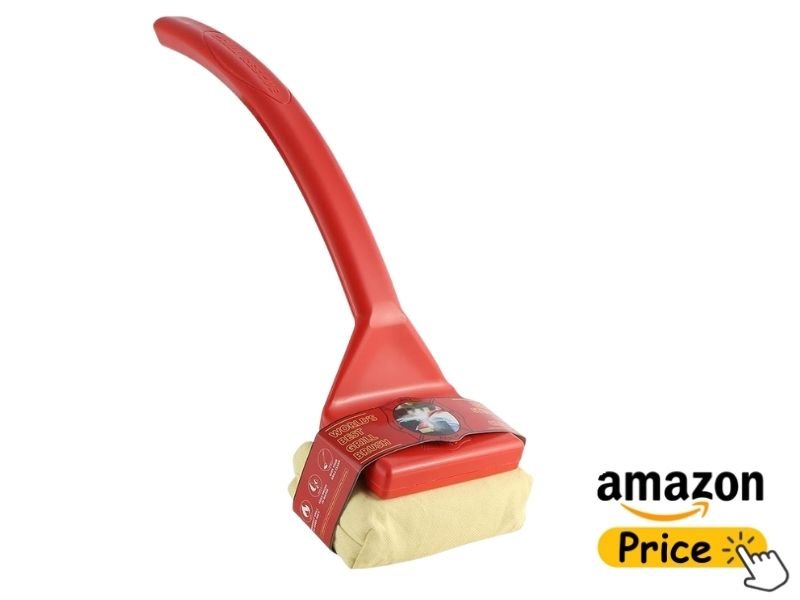 Grill Rescue BBQ scraper tool with a bright red curved handle and a durable aramid fiber cleaning head wrapper, shown on a white background with an Amazon price badge.