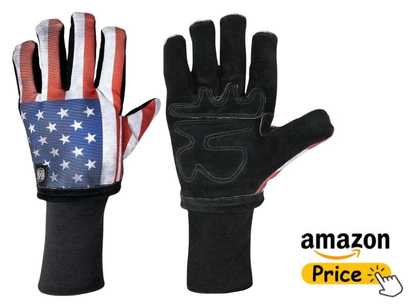 A pair of heavy-duty black and American flag pattern Grill Rescue barbecue gloves displayed side-by-side with an Amazon price button icon.