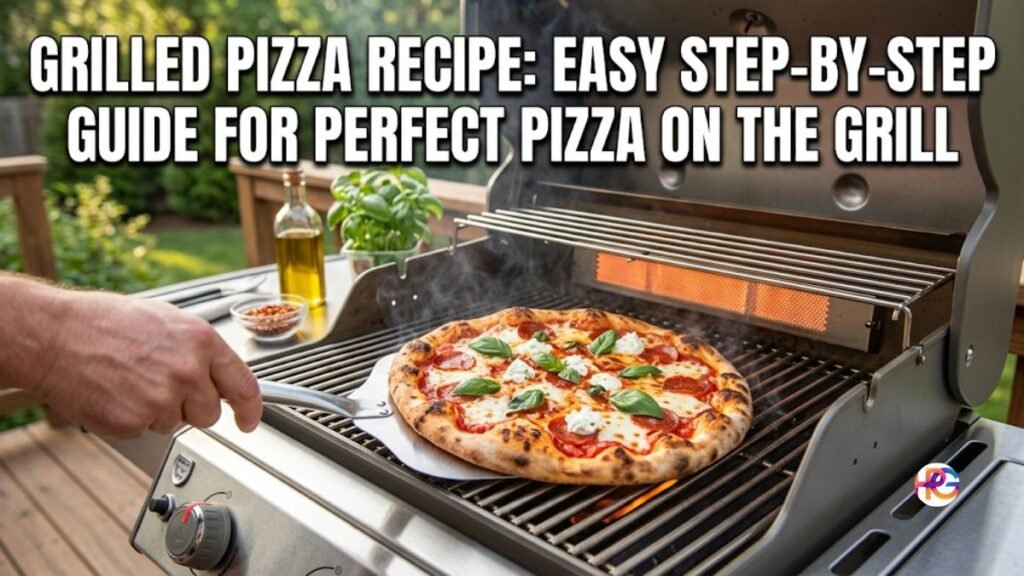 A fresh pepperoni and ricotta pizza cooking directly on gas grill grates with the text overlay "GRILLED PIZZA RECIPE: EASY STEP-BY-STEP GUIDE FOR PERFECT PIZZA ON THE GRILL" in bold, white Impact font.