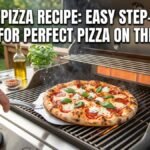 A fresh pepperoni and ricotta pizza cooking directly on gas grill grates with the text overlay "GRILLED PIZZA RECIPE: EASY STEP-BY-STEP GUIDE FOR PERFECT PIZZA ON THE GRILL" in bold, white Impact font.
